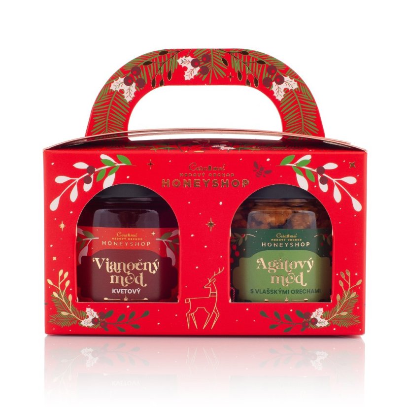 Honey box with walnuts in honey and flower honey