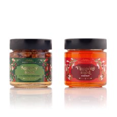 Honey box with walnuts in honey and flower honey